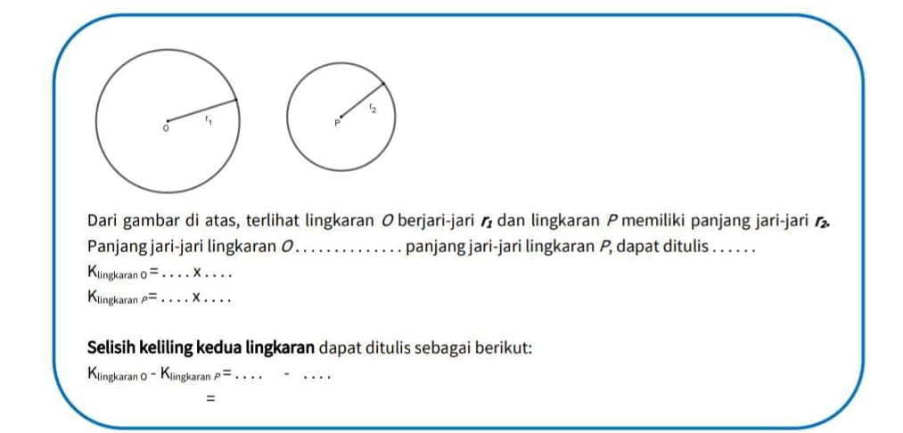 Dari gambar di atas, terlihat lingkaran O berjari-jari r_1 dan lingkaran Pmemiliki panjang jari-jari r_2. 
Panjang jari-jari lingkaran O _ panjang jari-jari lingkaran P dapat ditulis ._
K_lingkarano=...* ....
K_lingkaranP=...* .... 
Selisih keliling kedua lingkaran dapat ditulis sebagai berikut: 
_ K_lingkarano-K_lingkaranP=
=