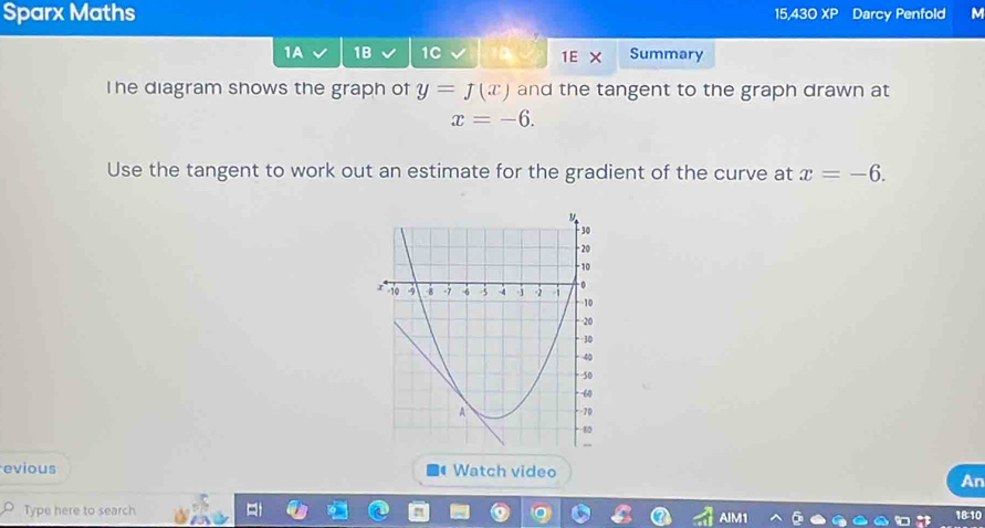 Sparx Maths 15,430 XP Darcy Penfold M 
1A 1B 1C Summary 
1E 
The diagram shows the graph of y=J(x) and the tangent to the graph drawn at
x=-6. 
Use the tangent to work out an estimate for the gradient of the curve at x=-6. 
evious Watch video 
An 
Type here to search AIM 810