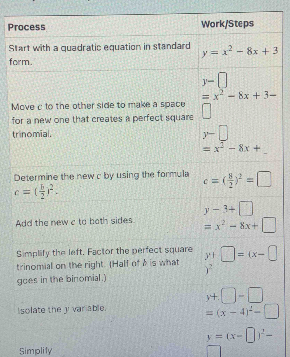 Solved: trinomial. y- =x^2-8x+_ Determine the new c by using the ...