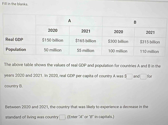 Fill in the blanks. 
The above table shows the values of real GDP and population for countries A and B in the 
years 2020 and 2021. In 2020, real GDP per capita of country A was $□ and □ for 
country B. 
Between 2020 and 2021, the country that was likely to experience a decrease in the 
standard of living was country □. (Enter "A" or "B" in capitals.)