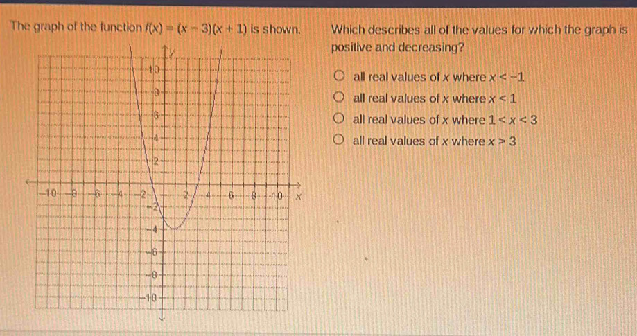 The graph of the function f(x)=(x-3)(x+1) is shown. Which describes all of the values for which the graph is
positive and decreasing?
all real values of x where x
all real values of x where x<1</tex>
all real values of x where 1
all real values of x where x>3