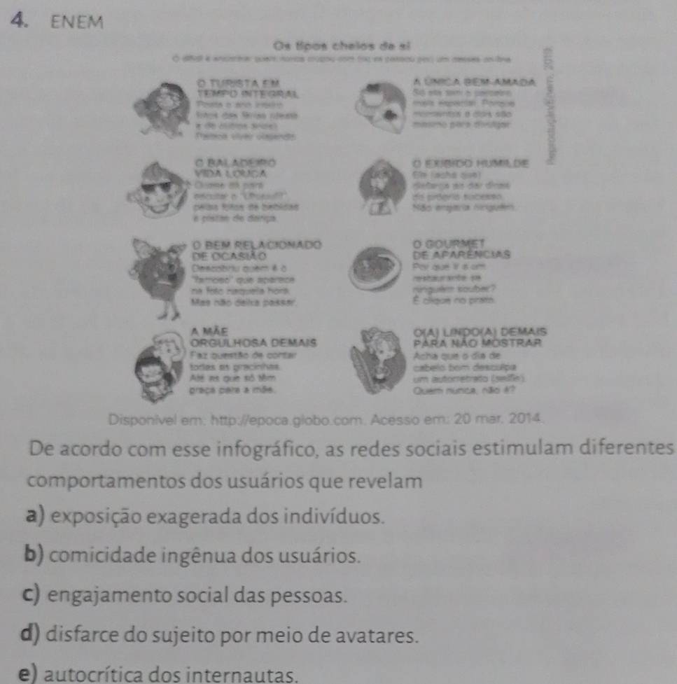 ENEM
Os típos chelos de si
O dfal a ancncta qoer honos copοu com toz es consou per u messes cotna
O TURISTA EM A UnICA BEM AMADA
TEMP O INTE GRA S etá sem à seetein
Pesta o áro nao a Repeerian Bevosa
nes des Sriss rleah mensentos a dlors são
maso para distgar
Peica vivão clagends

C BALADE=O O EXBDO HUM DE
VIDA LOUCA C Lachá 196
Ceme ih parrt defencie dl der dinms
do prtería sacesso
peíaa fños de bebidas Não engaria nriguêm
e póstan de daripa
O BEM RELACIONADO O GOURMET
de ocasião dE Aparéncis
Descatriu quem é o Poy que If is om
'famceó' que aparece
na foto naquela hors. ninguem souber?
Mas não deiixa passer É clque no prath
A mãc O(A) LINDO(A) DEMAIS
ORGULHOSA DEMAIS Para não Mostrar
Faz questão de contar Achía que o día de
todes as gracinhas cabelo bom descuipa
Alé es que số têm um autoretrato (selfe )
praça pera a mãe. Quem nunca, nãio #?
Disponivel em: http://epoca.globo.com. Acesso em: 20 mar. 2014.
De acordo com esse infográfico, as redes sociais estimulam diferentes
comportamentos dos usuários que revelam
a) exposição exagerada dos indivíduos.
b) comicidade ingênua dos usuários.
c) engajamento social das pessoas.
d) disfarce do sujeito por meio de avatares.
e) autocrítica dos internautas.