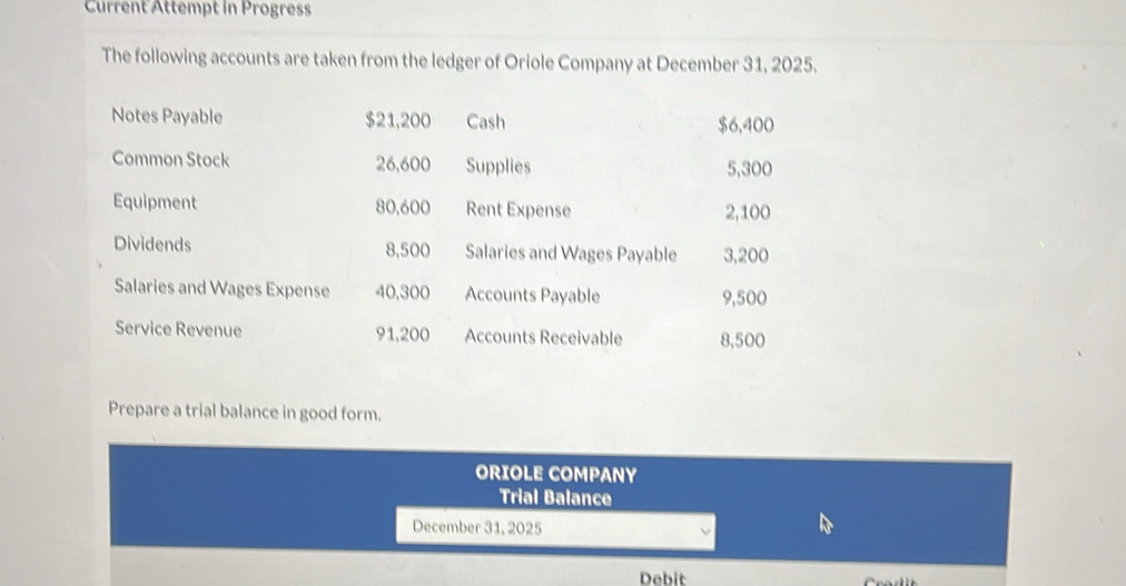 Current Attempt in Progress 
The following accounts are taken from the ledger of Oriole Company at December 31, 2025. 
Notes Payable $21,200 Cash $6,400
Common Stock 26,600 Supplies 5,300
Equipment 80,600 Rent Expense 2,100
Dividends 8,500 Salaries and Wages Payable 3,200
Salaries and Wages Expense 40,300 Accounts Payable 9,500
Service Revenue 91,200 Accounts Receivable 8,500
Prepare a trial balance in good form. 
ORIOLE COMPANY 
Trial Balance 
December 31, 2025 
Debit