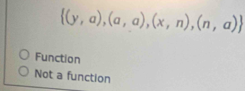  (y,a),(a,a),(x,n),(n,a)
Function
Not a function