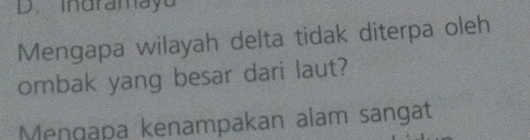 Indramayu 
Mengapa wilayah delta tidak diterpa oleh 
ombak yang besar dari laut? 
Mengapa kenampakan alam sangat