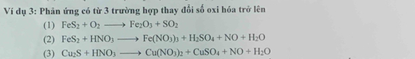 Ví dụ 3: Phân ứng có từ 3 trường hợp thay đổi số oxi hóa trở lên 
(1) FeS_2+O_2to Fe_2O_3+SO_2
(2) FeS_2+HNO_3to Fe(NO_3)_3+H_2SO_4+NO+H_2O
(3) Cu_2S+HNO_3to Cu(NO_3)_2+CuSO_4+NO+H_2O