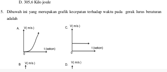 D. 305,6 Kilo joule
5. Dibawah ini yang merupakan grafik kecepatan terhadap waktu pada gerak lurus beraturan
adalah
A. V(m/s) C. V(m/s)
t (sekon) t (sekon)
0
B V(m/s)
D.
V(m/s)