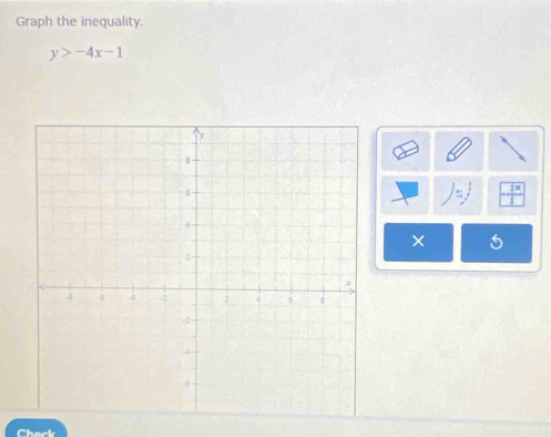 Graph the inequality.
y>-4x-1
× 
Chack