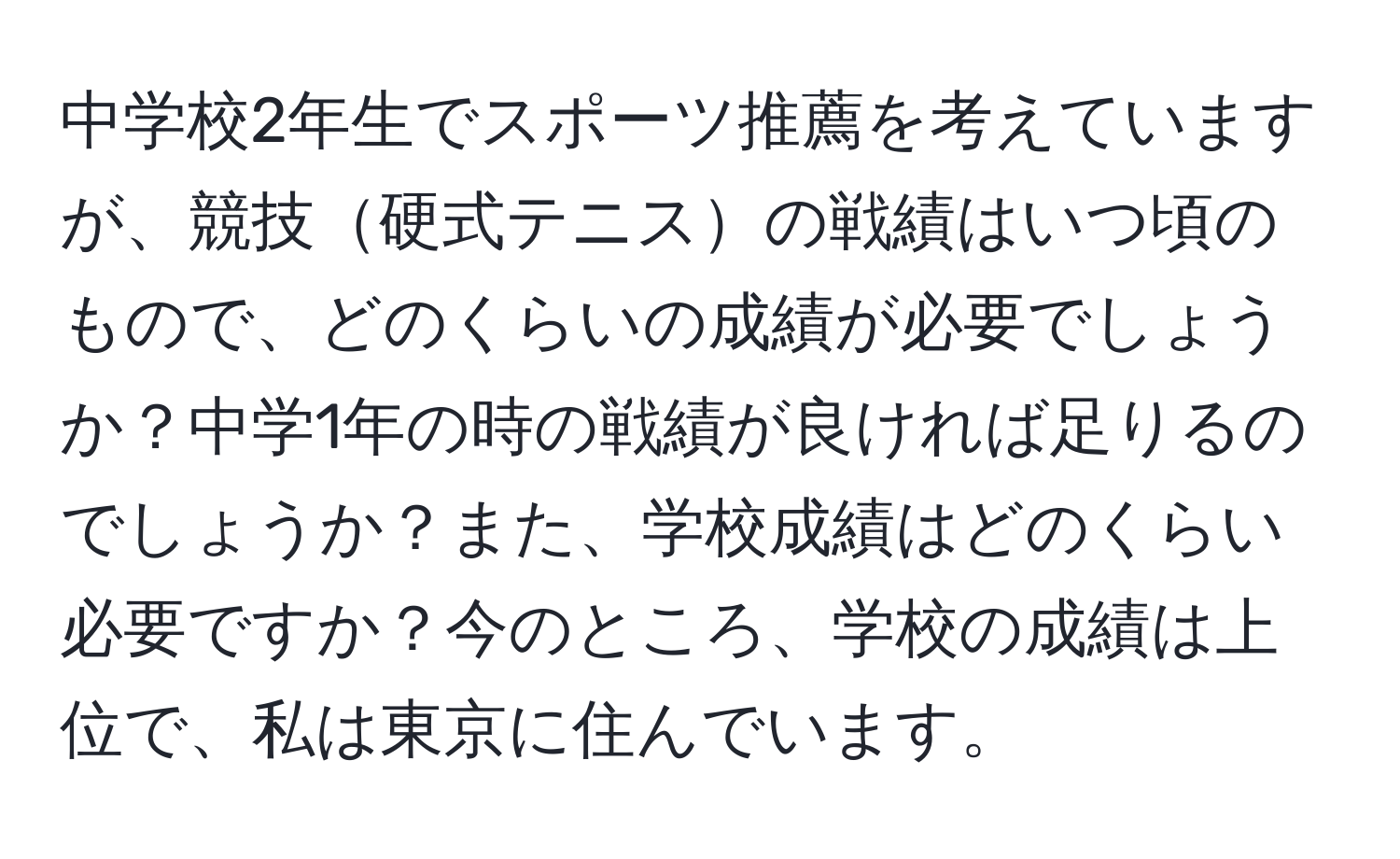 中学校2年生でスポーツ推薦を考えていますが、競技硬式テニスの戦績はいつ頃のもので、どのくらいの成績が必要でしょうか？中学1年の時の戦績が良ければ足りるのでしょうか？また、学校成績はどのくらい必要ですか？今のところ、学校の成績は上位で、私は東京に住んでいます。