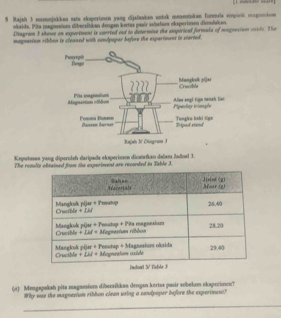 [1 markaly mark] 
8 Rajah 3 menunjukkan satu eksperimen yang dijalankan untuk menentukan formula empirik magnesium 
oksida. Pita magnesium dibersihkan dengan kertas pasir sebelum eksperimen dimulakan. 
Diagram 3 shows an experiment is carried out to determine the empirical formula of magnesium oxide. The 
magnesium ribbon is cleaned with sandpaper before the experiment is started. 
Keputusan yang diperoleh daripada eksperimen dicatatkan dalam Jadual 3. 
The results obtained from the experiment are recorded in Table 3. 
(@) Mengapakah pita magnesium dibersihkan dengan kertas pasir sebelum eksperimen? 
Why was the magnesium ribbon clean using a sandpaper before the experiment? 
_