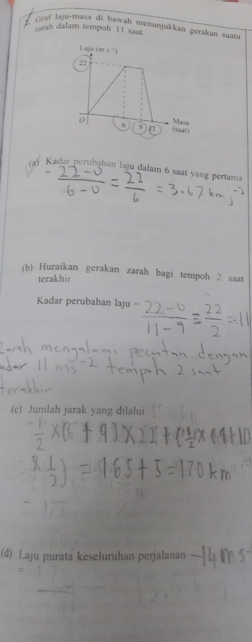 Graf laju-masa di bawah menunjukkan gerakan suatu 
zarah dalam tempoh 11 saat
-aju(ms^(-1))
22
0
Masa
6 9 n . (saat) 
(a) Kadar perubahan laju dalam 6 saat yang pertama 
(b) Huraikan gerakan zarah bagi tempoh 2 saat 
terakhir 
Kadar perubahan laju 
(c) Jumlah jarak yang dilalui 
(d) Laju purata keseluruhan perjalanan