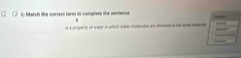 Match the correct term to complete the sentence. Cate 
ia a property of water in which water molecules ars attracted to the same malends foetly