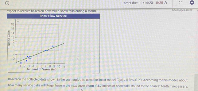 Target due: 11/14/23 0/20 
expect to receive based on how much snow falls during a storm. All changes saved 
Snow Plow Service 
Based on the collected data shown in the scatterplot, he uses the linear model C(s)=0.8s+0.29. According to this model, about 
how many service calls will Roger have in the next snow storm if 4.7 inches of snow fall? Round to the nearest tenth if necessary.