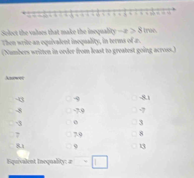 Select the values that make the inequalit v-x>8tmm
Then write an equivalent inequality, in terms of 2.
(Numbers written in order from least to greatest going across.)
Answer
. a
-9 -8.1
-8 -39 -7
-3
3
7 7.9 8
8.1 9 13
Equivalent Inequality: # □ □