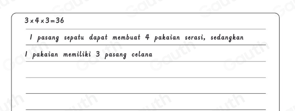 3* 4* 3=36
I pasang sepatu dapat membuat 4 pakaian serasi, sedangkan 
I pakaian memiliki 3 pasang celana