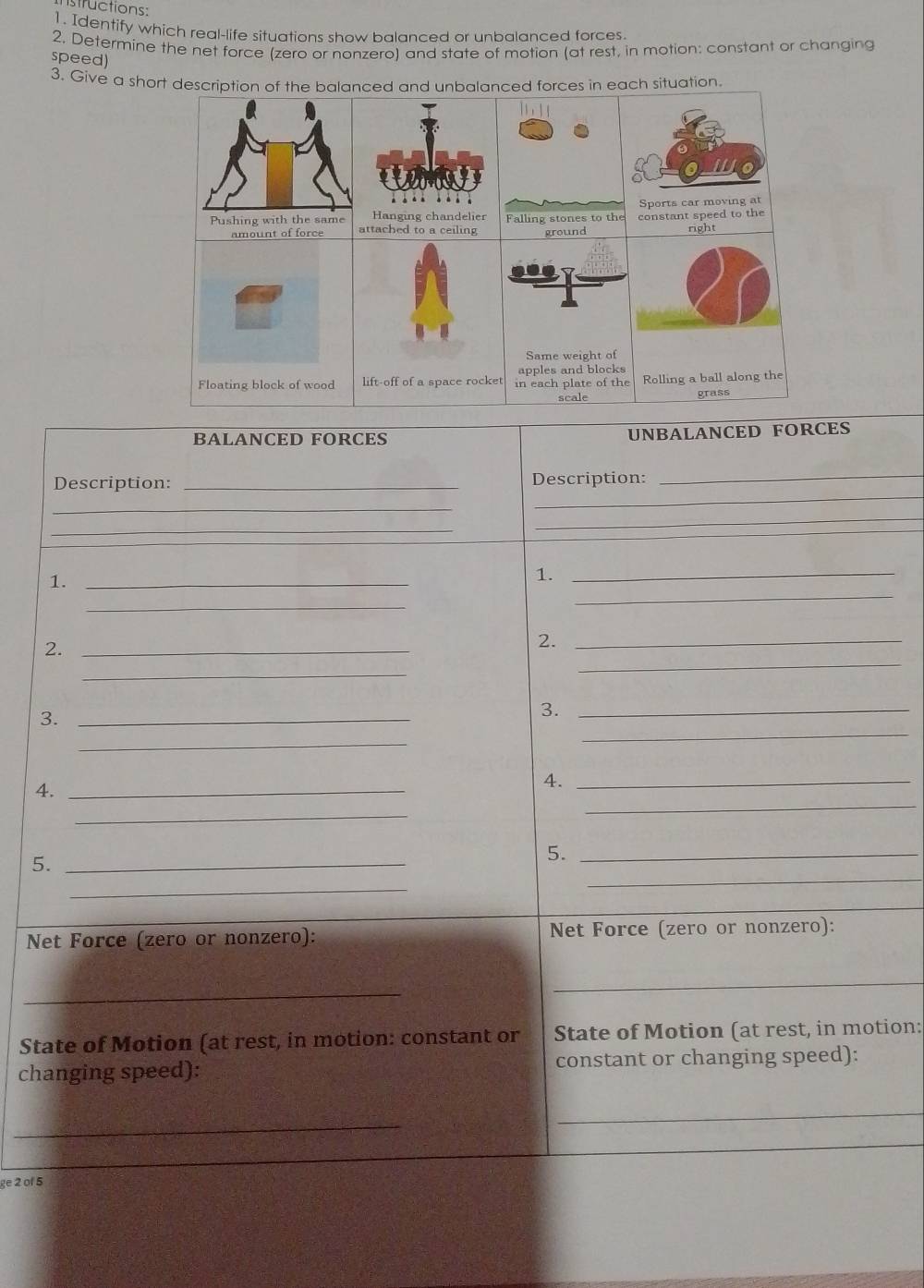 sifuctions 
1. Identify which real-life situations show balanced or unbalanced forces 
2. Determine the net force (zero or nonzero) and state of motion (at rest, in motion: constant or changing 
speed) 
3. Give a short description of the balanced and unbalanced forces in each situation. 
Hanging chandelier Falling stones to the Sports car moving at 
Pushing with the same ground 
amount of force constant speed to the right 
Same weight of 
apples and blocks 
Floating block of wood in each plate of the Rolling a ball along the 
scale grass 
BALANCED FORCES UNBALANCED FORCES 
Description: _Description:_ 
_ 
_ 
_ 
_ 
1._ 
1._ 
_ 
_ 
2._ 
2._ 
_ 
_ 
3._ 
3._ 
_ 
_ 
4._ 
4._ 
_ 
_ 
_ 
5._ 
5._ 
_ 
Net Force (zero or nonzero): Net Force (zero or nonzero): 
_ 
_ 
State of Motion (at rest, in motion: constant or State of Motion (at rest, in motion: 
changing speed): constant or changing speed): 
_ 
_ 
_ 
ge 2 of 5