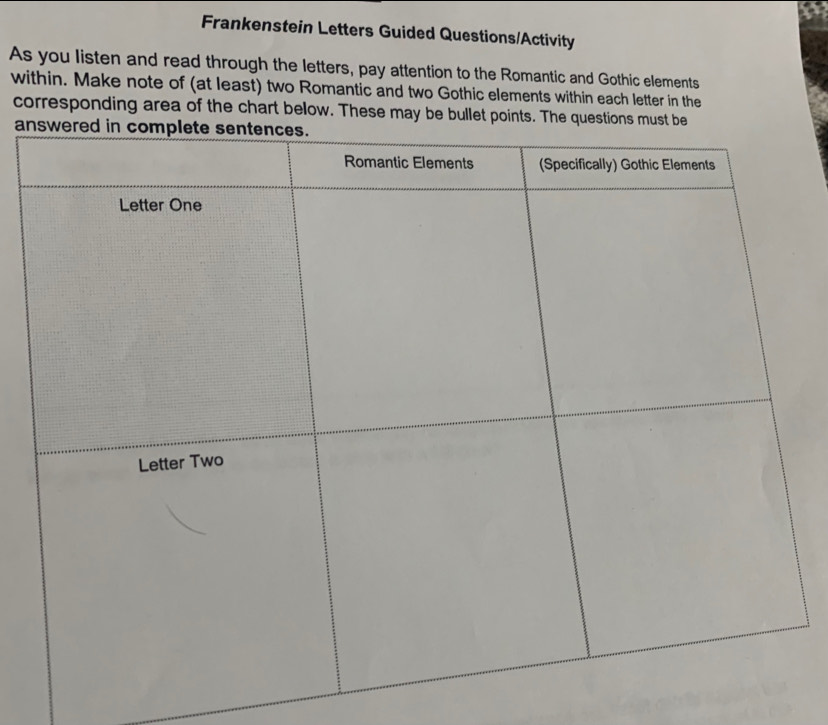 Frankenstein Letters Guided Questions/Activity 
As you listen and read through the letters, pay attention to the Romantic and Gothic elements 
within. Make note of (at least) two Romantic and two Gothic elements within each letter in the 
corresponding area of the chart below. These may be bullet po 
an