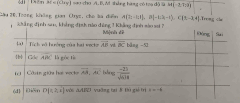 (d) Điểm M∈ (Oxy) sao cho A, B, M thắng hàng có toạ độ là M(-2;7;0)
Câu 20.Trong không gian Oxyz, cho ba điểm A(2;-1;1),B(-1;3;-1),C(5;-3;4).Trong các
khẳng định sau, khẳng định nào đúng ? Khẳ