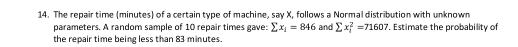 The repair time (minutes) of a certain type of machine, say X, follows a Normal distribution with unknown 
parameters. A random sample of 10 repair times gave: sumlimits x_i=846 and sumlimits x_i^2=71607 Estimate the probability of 
the repair time being less than 83 minutes.