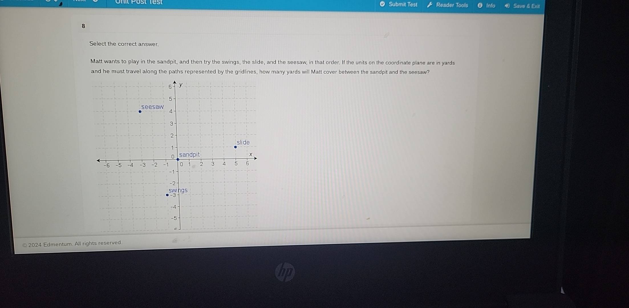 Submit Test Reader Tools Info Save & Exit 
8 
Select the correct answer. 
Matt wants to play in the sandpit, and then try the swings, the slide, and the seesaw, in that order. If the units on the coordinate plane are in yards
and he must travel along the paths represented by the gridlines, how many yards will Matt cover between the sandpit and the seesaw?
6 y
5
seesaw 4 -
3
2
slide
1
0 sandpit x
-6 -5 -4 -3 -2 0 2 3 4 5 6
−1 −
-2
swi gs
-4
-5
c 
© 2024 Edmentum. All rights reserved.