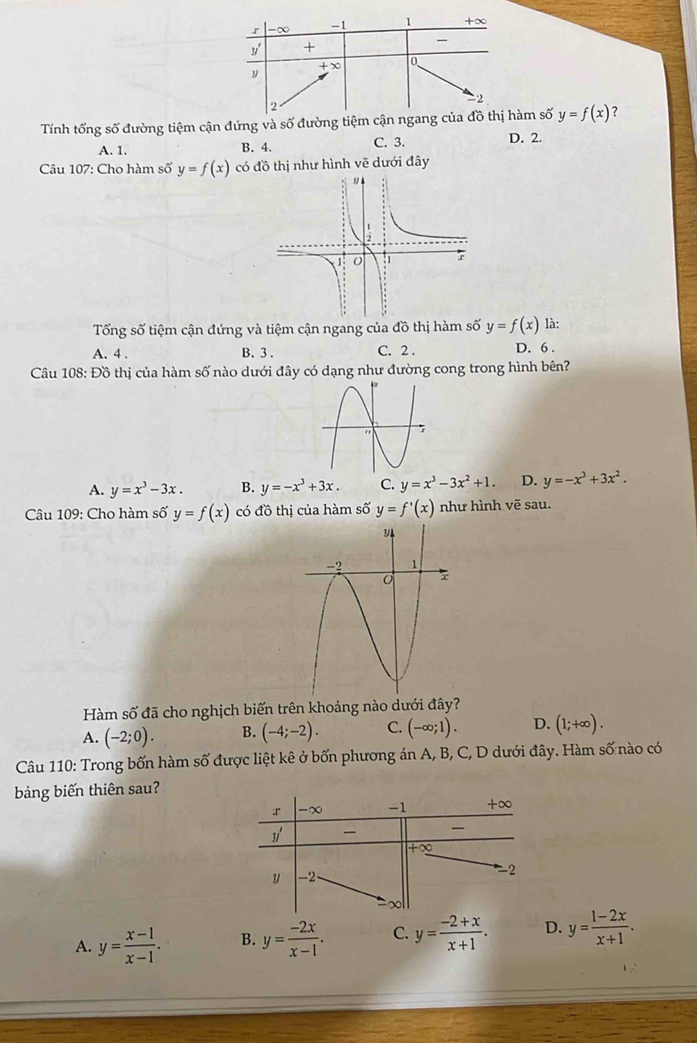 ∞ -1 1 +∞
y' +

+∞ to
y
2
Tính tổng số đường tiệm cận đứng và số đường tiệm cận ngang của đồ thị hàm số y=f(x) ?
A. 1. B. 4. C. 3. D. 2.
Câu 107: Cho hàm số y=f(x) có đồ thị như hình vẽ dưới đây
Tổng số tiệm cận đứng và tiệm cận ngang của đồ thị hàm số y=f(x) là:
A. 4. B. 3. C. 2. D. 6.
Câu 108: Đồ thị của hàm số nào dưới đây có dạng như đường cong trong hình bên?
A. y=x^3-3x. B. y=-x^3+3x. C. y=x^3-3x^2+1. D. y=-x^3+3x^2. 
Câu 109: Cho hàm số y=f(x) có đồ thị của hàm số y=f'(x) như hình vẽ sau.
Hàm số đã cho nghịch biến trên khoảng nào dưới đây?
A. (-2;0). (-4;-2). C. (-∈fty ;1). D. (1;+∈fty ). 
B.
Câu 110: Trong bốn hàm số được liệt kê ở bốn phương án A, B, C, D dưới đây. Hàm số nào có
bảng biến thiên sau?
r -∞ -1 +∞
31

+∞
y -2
-2
2∞
A. y= (x-1)/x-1 .
B. y= (-2x)/x-1 . C. y= (-2+x)/x+1 . D. y= (1-2x)/x+1 .