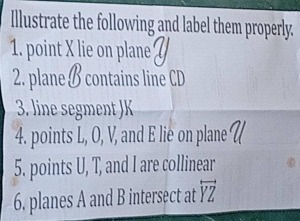 Illustrate the following and label them properly. 
1. point X lie on plane 
2. plane B contains line CD
3. line segment JK
4. points L, O, V, and E lie on plane 7
5. points U, T, and I are collinear 
6. planes A and B intersect at overleftrightarrow YZ