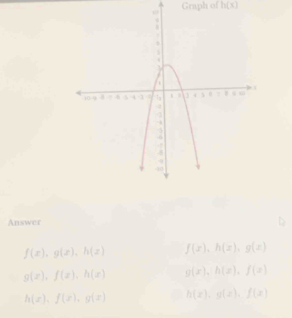 Graph of h(x)
Answer
f(x), g(x), h(x)
f(x), h(x), g(x)
g(x), f(x), h(x)
g(x), h(x), f(x)
h(x), f(x), g(x)
h(x), g(x), f(x)