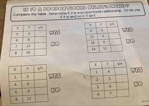 IS IT A PROPORTIONAL RELATIONSHIP?
Complete the table. Determine if it is a proportional relationship. Circle yes
if it is and no if it isn't.

Yes es
NO
NO
Yes
Yes
NO
NO
©theck