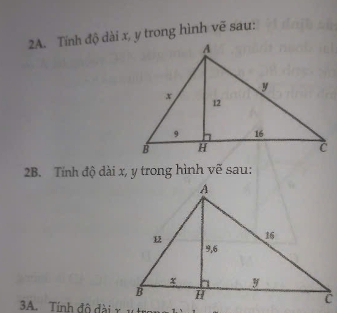 Tính độ dài x, y trong hình vẽ sau: 
2B. Tính độ dài x, y trong hình vẽ sau: 
3A. Tính đô đài x u tr