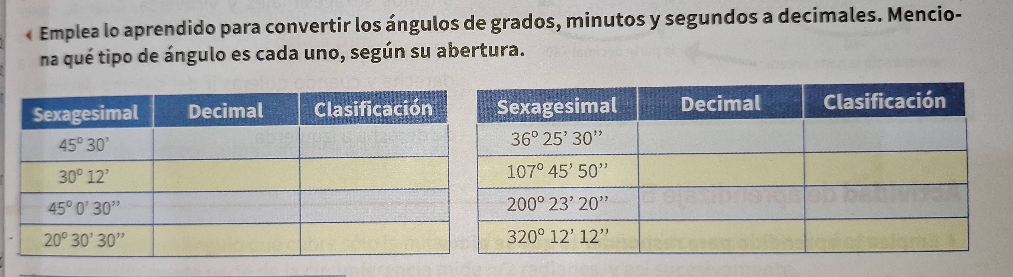 « Emplea lo aprendido para convertir los ángulos de grados, minutos y segundos a decimales. Mencio-
na qué tipo de ángulo es cada uno, según su abertura.