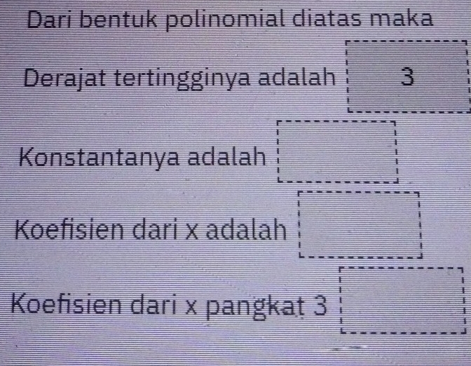 Dari bentuk polinomial diatas maka 
Derajat tertingginya adalah 3
Konstantanya adalah 
Koefisien dari x adalah 
Koefisien dari x pangkat