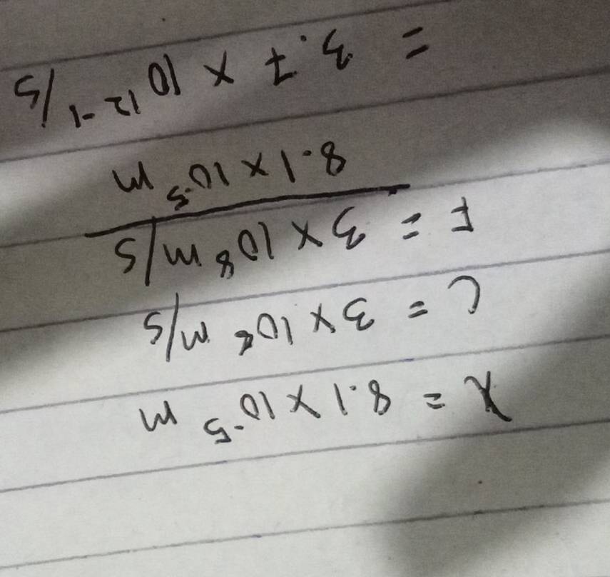 x=8.1* 10^(-5)m
c=3* 10^8m/s
F= (3* 10^8m/s)/8.1* 10^5m 
=3.7* 10^(12-1)/s