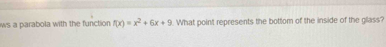 ws a parabola with the function f(x)=x^2+6x+9. What point represents the bottom of the inside of the glass?