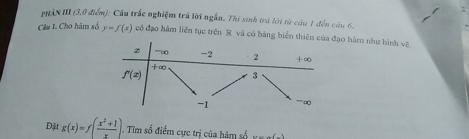 PHẢN III (3,0 điểm): Câu trắc nghiệm trả lời ngắn. Thí sinh trả lời từ câu 1 đến câu 6. 
Câu 1. Cho hàm số y=f(x) có đạo hàm liên tục trên R và có bảng biến thiên của đạo hàm như hình vẽ.
x -∞ -2 +∞
2
+∞
f'(x)
3
-1
' ∞
Đặt g(x)=f( (x^2+1)/x ). . Tìm số điểm cực trị của hàm số y=alpha (x)