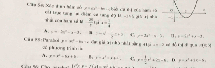 Xác định hàm số y=ax^2+bx+c biết đồ thị của hàm số
cất trục tung tại điểm có tung độ là -3và giá trị nhỏ
nhất của hàm số là - 25/8  tại x= 1/4 .
A. y=-2x^2+x-3. B. y=x^2- 1/2 .x+3. C. y=2x^2-x-3. D. y=2x^2+x-3. 
Câu 55: Parabol y=ax^2+bx+c đạt giá trị nhỏ nhất bằng 4 tại x=-2 và đồ thị đi qua A(0;6)
có phương trình là:
A. y=x^2+6x+6. B. y=x^2+x+4. C. y= 1/2 x^2+2x+6. D. y=x^2+2x+6. 
Câu 56: Cho na (P): y=f(x)=ax^2+bx+c