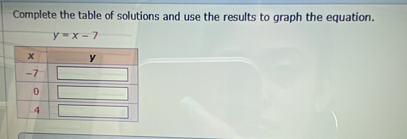 Complete the table of solutions and use the results to graph the equation.
y=x-7