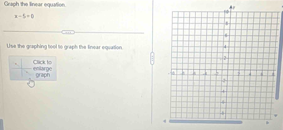 Graph the linear equation.
x-5=0
Use the graphing tool to graph the linear equation. 
Click to 
enlarge 
graph