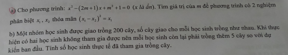 Cho phương trình: x^2-(2m+1)x+m^2+1=0 (x là ẩn). Tìm giá trị của m để phương trình có 2 nghiệm
phân biệt x_1, x_2 thỏa mãn (x_1-x_2)^2=x_1
b) Một nhóm học sinh được giao trồng 200 cây, số cây giao cho mỗi học sinh trồng như nhau. Khi thực
hiện có hai học sinh không tham gia được nên mỗi học sinh còn lại phải trồng thêm 5 cây so với dự
kiến ban đầu. Tính số học sinh thực tế đã tham gia trồng cây.