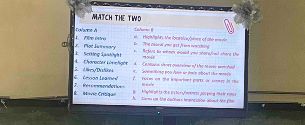 MATCH THE TWO
Column A
Column B
1. Film Intro a. Highlights the location/place of the movie
b. The moral you get from watching
2. Plot Summary c. Refers to whom would you share/not share the
3. Setting Spotlight movie
4. Character Limelight d. Contains short overview of the movie watched
5. Likes/Dislikes e. Something you love or hate about the movie
6. Lesson Learned f. Focus on the important parts or scenes in the
7. Recommendations movie
g. Highlights the actors/actress playing their roles
8. Movie Critique h. Sums up the authors impression about the film