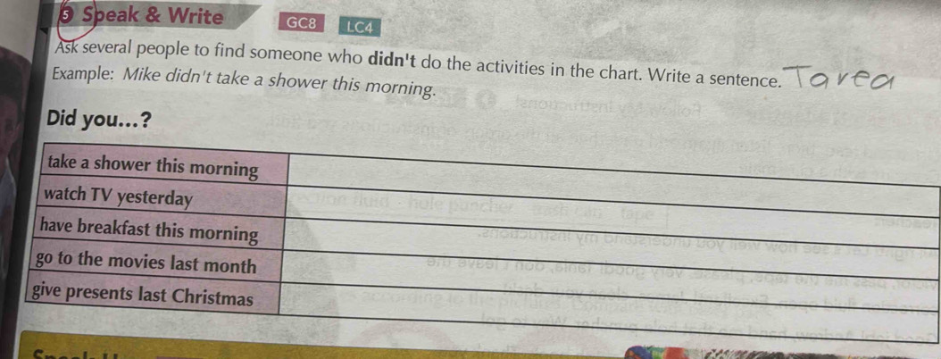 Speak & Write GC8 LC4 
Ask several people to find someone who didn't do the activities in the chart. Write a sentence. 
Example: Mike didn't take a shower this morning. 
Did you...?