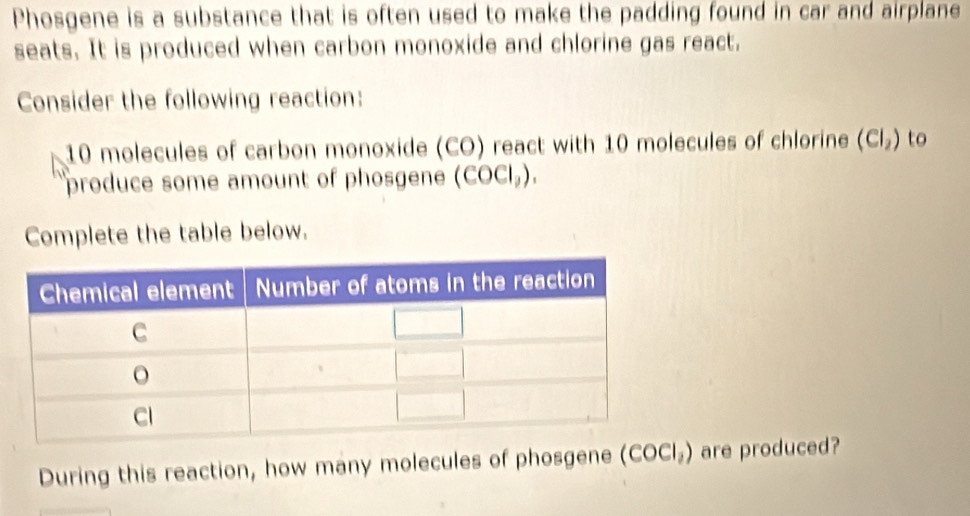 Phosgene is a substance that is often used to make the padding found in car and airplane 
seats. It is produced when carbon monoxide and chlorine gas react. 
Consider the following reaction:
10 molecules of carbon monoxide (CO) react with 10 molecules of chlorine (Cl_2) to 
produce some amount of phosgene (COCl_2). 
Complete the table below. 
During this reaction, how many molecules of phosgene (COCl_2) are produced?