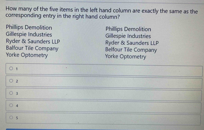 Solved: How many of the five items in the left hand column are exactly ...