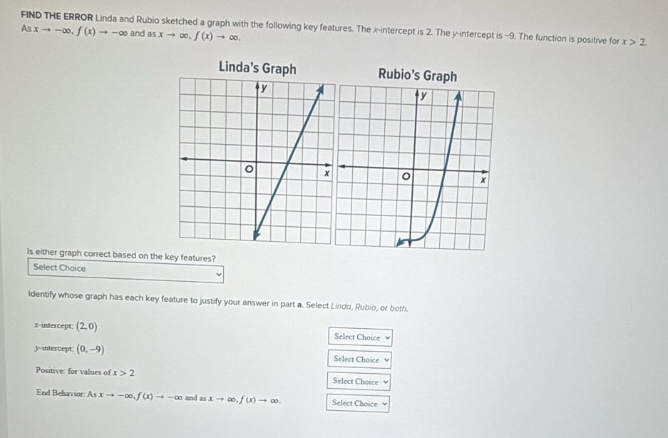 FIND THE ERROR Linda and Rubio sketched a graph with the following key features. The x-intercept is 2. The y-intercept is −9. The function is positive for x>2.
Asxto -∈fty , f(x)to -∈fty and asxto ∈fty , f(x)to ∈fty. 
Linda’s Graph Rubio’s Graph 
Is either graph correct based on the key features? 
Select Choice 
Identify whose graph has each key feature to justify your answer in part a. Select Lindo, Rubio, or both. 
x-intercept: (2,0) Select Choice 
y-intercept: (0,-9) Select Choice 
Positive: for values of x>2 Select Choice 
End Behavior: As xto -∈fty , f(x)to -∈fty and as xto ∈fty , f(x)to ∈fty. Select Choice ν