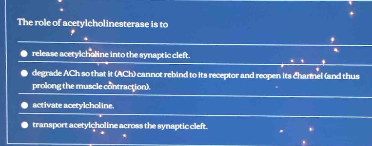 The role of acetylcholinesterase is to
release acetylcholine into the synaptic cleft.
degrade ACh so that it (ACh) cannot rebind to its receptor and reopen its charel (and thus
prolong the muscle contraction).
activate acetylcholine.
transport acetylcholine across the synaptic cleft.