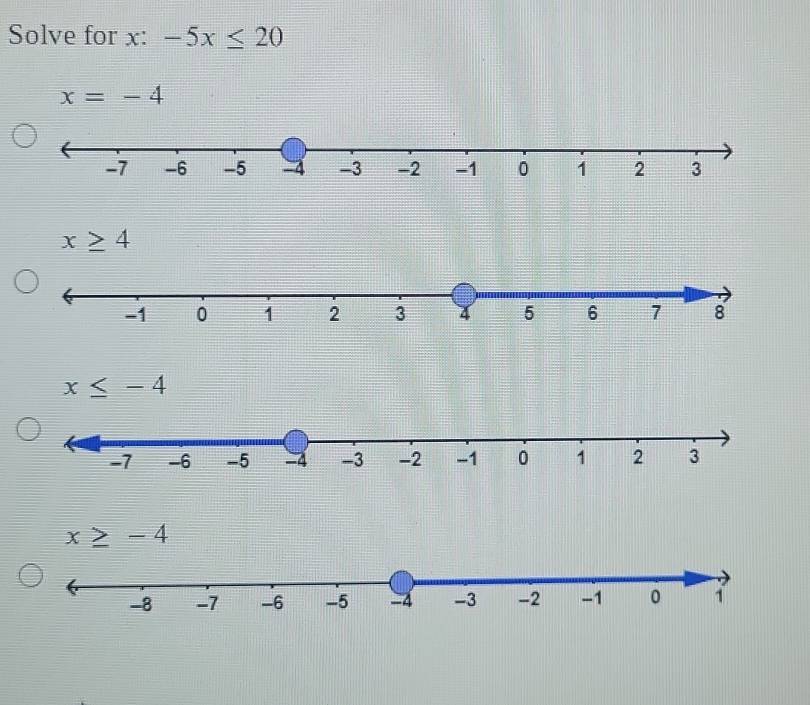 Solve for x : -5x≤ 20
x=-4
x≥ 4
x≤ -4
x≥ -4