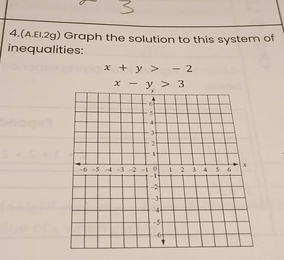 4.(A.EI.2g) Graph the solution to this system of
inequalities:
x+y>-2
x-y>3