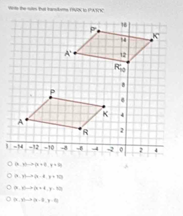 Write the rtes that transforms FARK to PARK
(x,y)to (x+6,y+9)
(x,y)to (x-4,y+10)
(x,y)to (x+4,y=10)
(x,y)to (x-9,y-6)