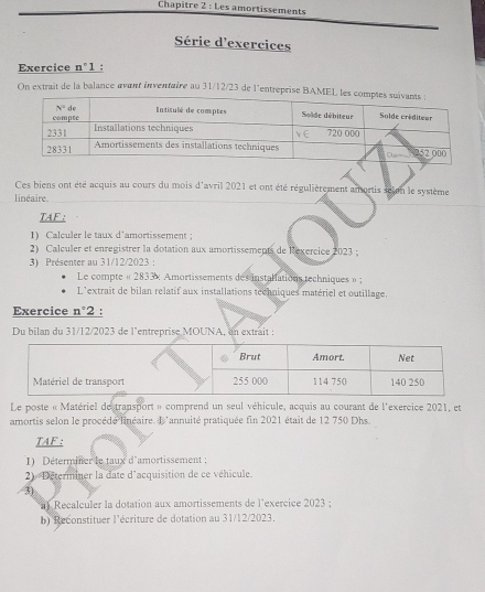 Chapitre 2 : Les amortissements
Série d'exercices
Exercice n°1 :
On extrait de la balance avant inventaire au 31/12/23 de l'entrepris
Ces biens ont été acquis au cours du mois d'avril 2021 et ont été régulièrement amortis seien le système
linéaire.
TAF :
1) Calculer le taux d'amortissement ;
2) Calculer et enregistrer la dotation aux amortissements de Rexercice 2023 ;
3) Présenter au 31/12/2023 ;
Le compte « 2833 Amortissements des installations techniques » ;
L'extrait de bilan relatif aux installations techniques matériel et outillage.
Exercice n°2 :
Du bilan du 31/12/2023 de l’entreprise MOUNA, en extrait :
Le poste « Matériel de transport » comprend un seul véhicule, acquis au courant de l'exercice 2021, et
amortis selon le procédé linéaire. L 'annuité pratiquée fin 2021 était de 12 750 Dhs.
TAF :
1) Déterminer le taux d'amortissement ;
2) Determiner la date d'acquisition de ce véhicule.
3)
*  Recalculer la dotation aux amortissements de l'exercice 2023 ;
b) Reconstituer l'écriture de dotation au 31/12/2023,