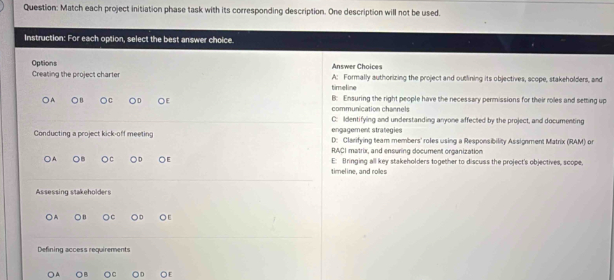 Match each project initiation phase task with its corresponding description. One description will not be used.
Instruction: For each option, select the best answer choice.
Options Answer Choices
Creating the project charter A: Formally authorizing the project and outlining its objectives, scope, stakeholders, and
timeline
A ○B C E B: Ensuring the right people have the necessary permissions for their roles and setting up
communication channels
C: Identifying and understanding anyone affected by the project, and documenting
engagement strategies
Conducting a project kick-off meeting D: Clarifying team members' roles using a Responsibility Assignment Matrix (RAM) or
RACI matrix, and ensuring document organization
●A B OC D ○E E: Bringing all key stakeholders together to discuss the project's objectives, scope,
timeline, and roles
Assessing stakeholders
A
OE
Defining access requirements
OE