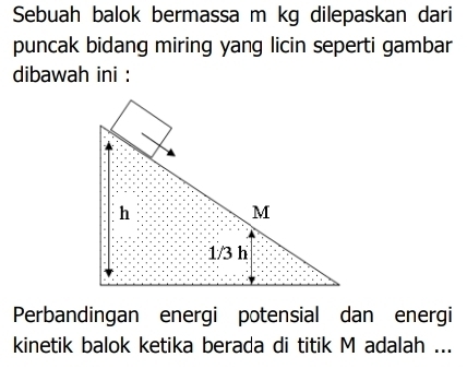 Sebuah balok bermassa m kg dilepaskan dari 
puncak bidang miring yang licin seperti gambar 
dibawah ini : 
Perbandingan energi potensial dan energi 
kinetik balok ketika berada di titik M adalah ...